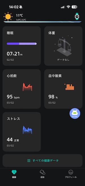KJKD Lead L1 OnWear Proのヘルスケア画面