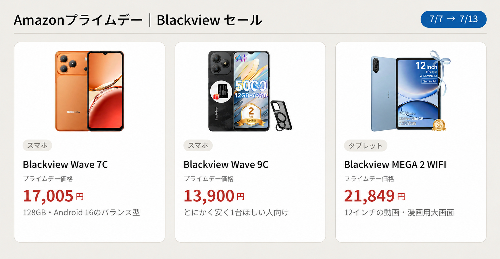 AmazonプライムデーBlackviewスマホ・タブレット比較